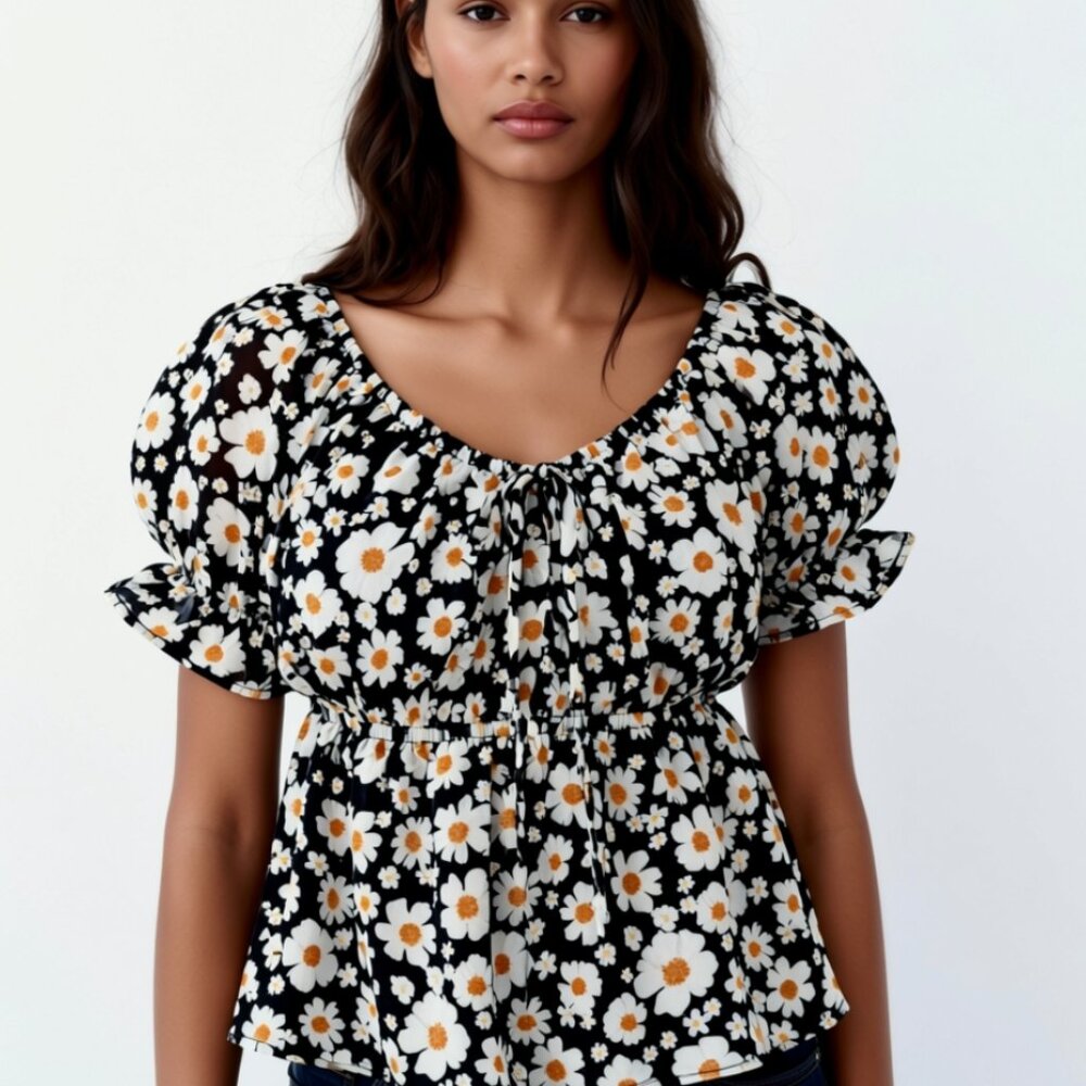 Black Floral puff sleeve Blouse country core peasant